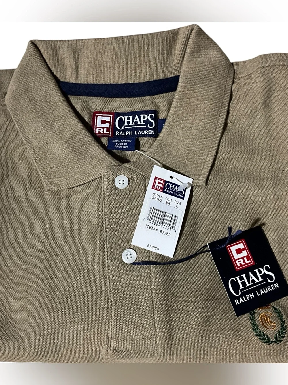 Vintage Chaps Ralph Lauren Polo Shirt Mens L NWT Crest Logo Tan 100% Cotton